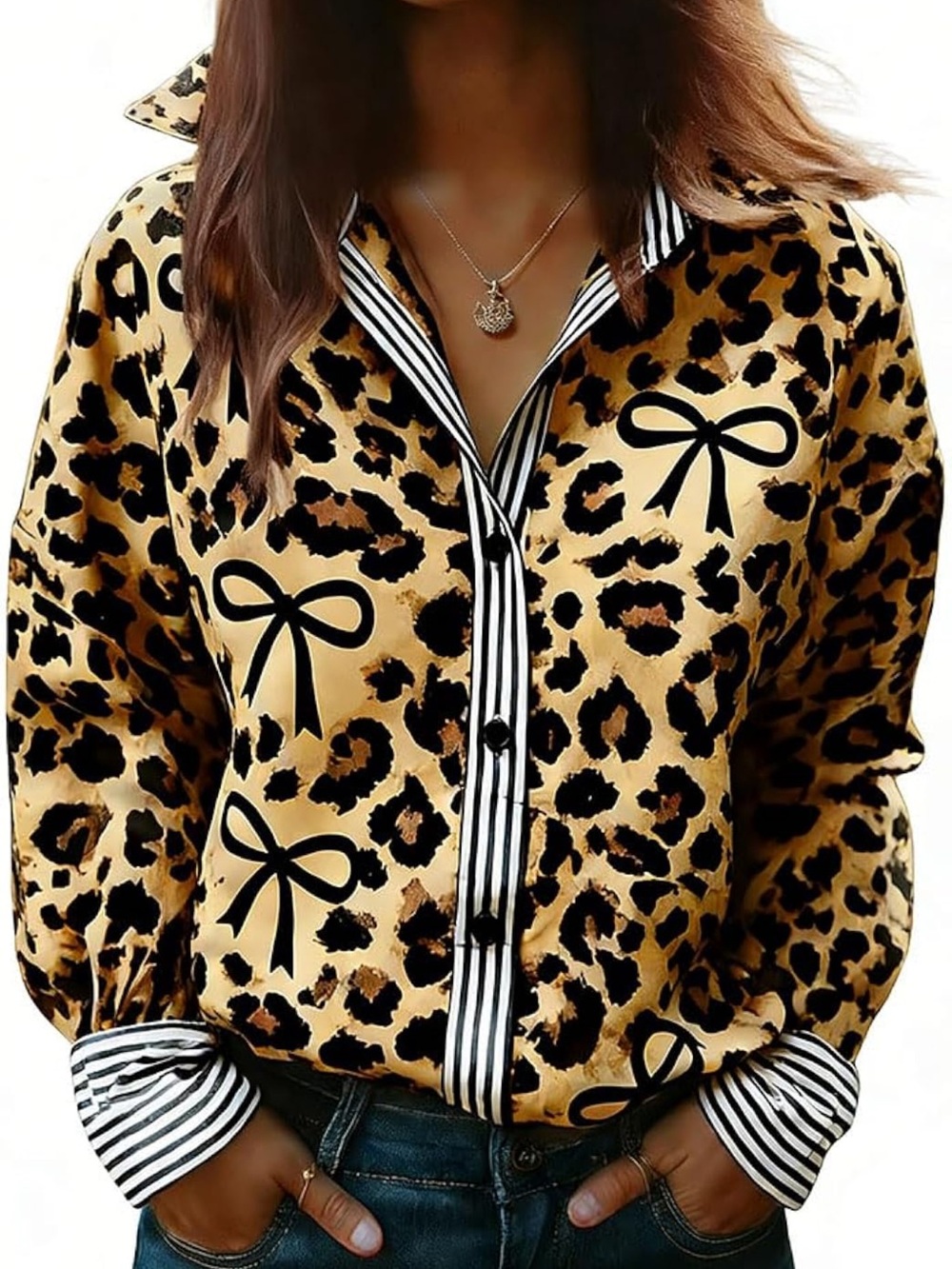Cherry Betty Leopard Print Bow Accent Button-Up Blouse - Tan/Black size L